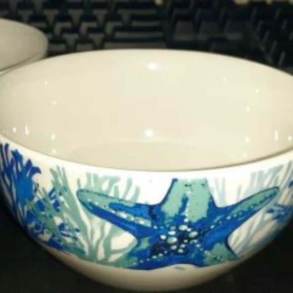 NEW!! Royal Norfolk Cereal Bowls White/Blue Starfish in Coral Reefs-Set of 2 - Picture 1 of 5